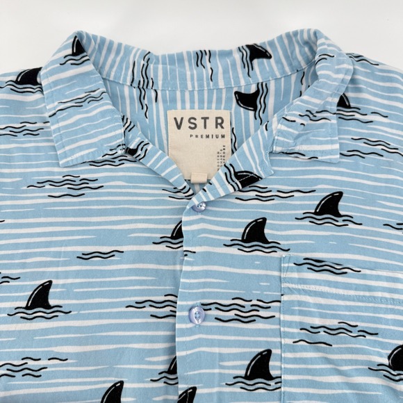 VSTR Premium Mens XL Shark Fin Stripe Button Up Shirt Blue Short Sleeve Viscose - Picture 2 of 12